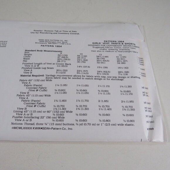 Kwik Sew 1954 Kids Clothing Pattern Pants, Shorts, Vest UNCUT 8-14 - Picture 4 of 5